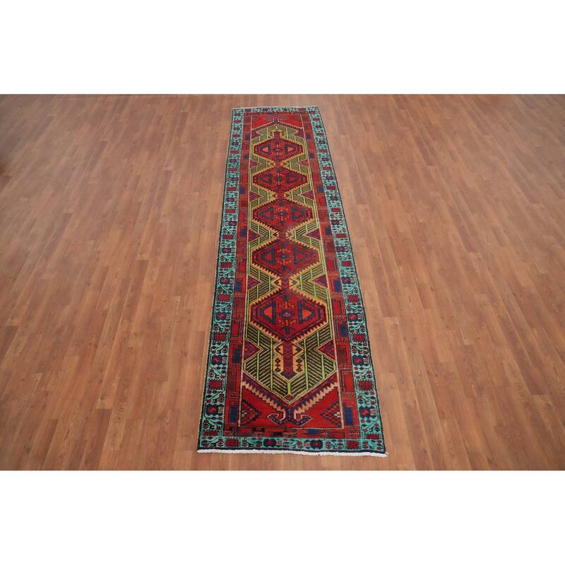 Hand Knotted Oriental 100% Wool Carpet Traditional Geometric Red Ardebil Runner Rug - 10' 8'' X 2' 10''