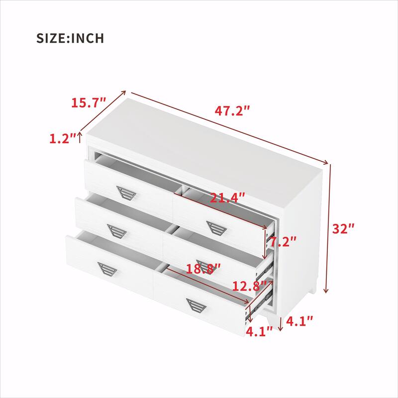 Elegan 6 Drawers Dresser with Metal Handles and Sparkling Decoration
