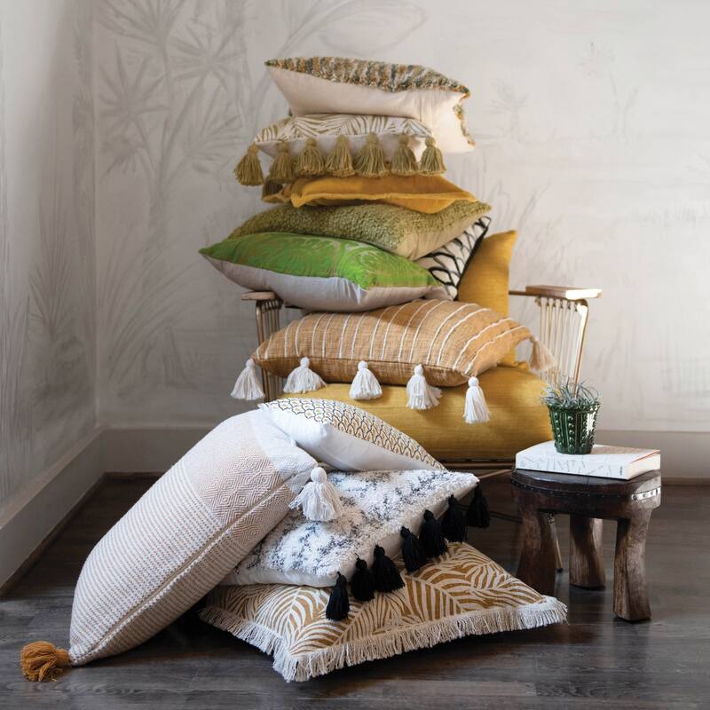 Cotton Printed Tufted Pillow with Tassels, Black and Cream Color