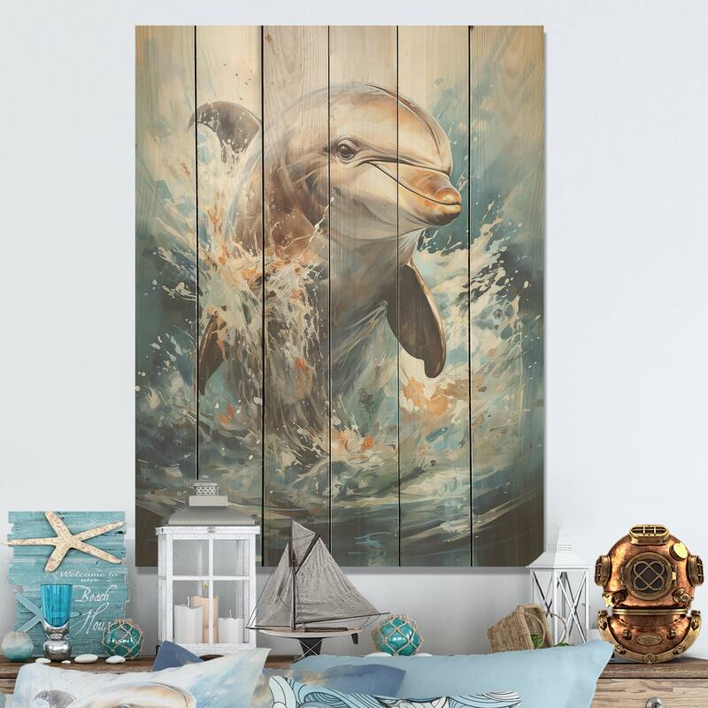 Designart "Dolphin Elegance" Dolphin Wood Wall Decor - Modern Grey Wood Panel On Natural Pine Wood