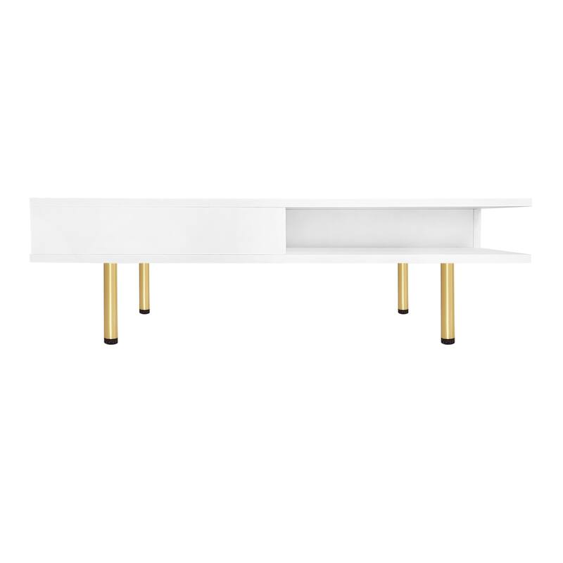 2-Tier Square Coffee Table with 2 Drawers, 4 Golden Legs, High Gloss Coffee Table Center Table w/ Storage for Living Room