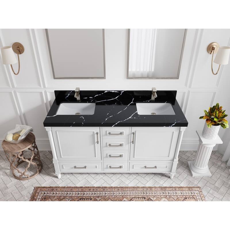 Willow Collections 60 in. W x 22 in. D Aberdeen Double Sink Bathroom Vanity with Countertop - 2" Calacatta Black - White