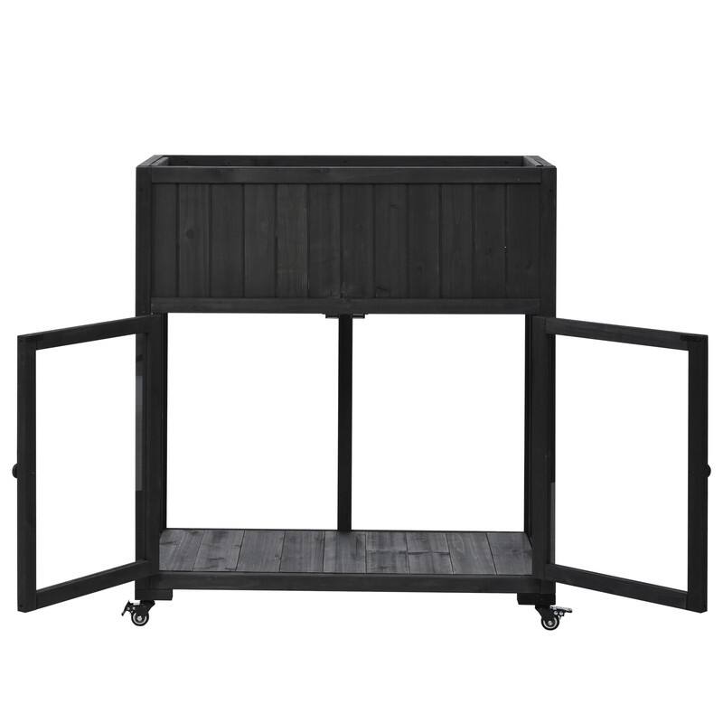 Compact 2-Door Wood Cold Frame Greenhouse with Wheels, 35.4"x17.7"x37.4" Raised Bed for Indoor & Outdoor Gardening - 4'x6'