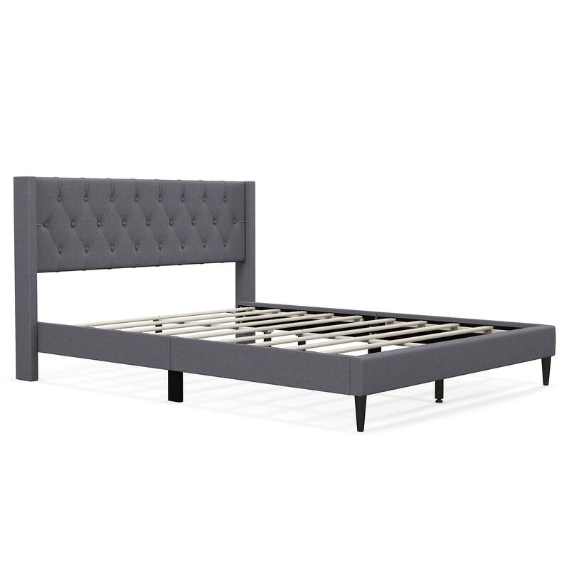 Upholstered Platform Bed with Button Tufted Wingback Headboard - Grey - Queen