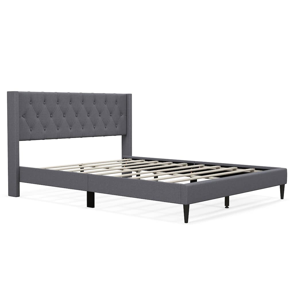 Upholstered Platform Bed with Button Tufted Wingback Headboard