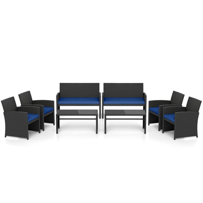 Gymax Set of 8 Patio Conversation Set w/Seat Cushions & Tempered Glass