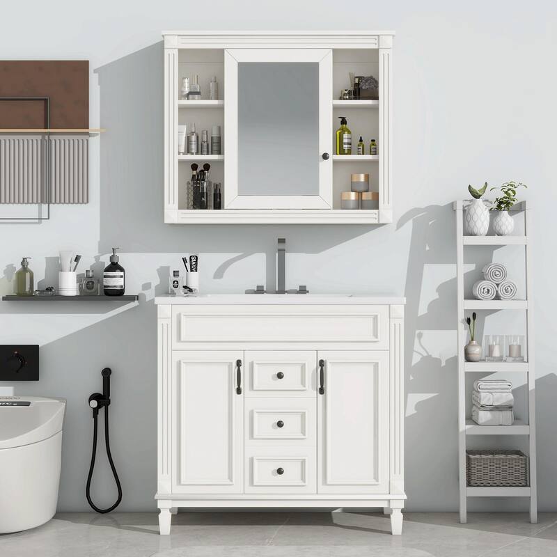 36'' Modern White Bathroom Vanity with Top Sink, Mirror Cabinet