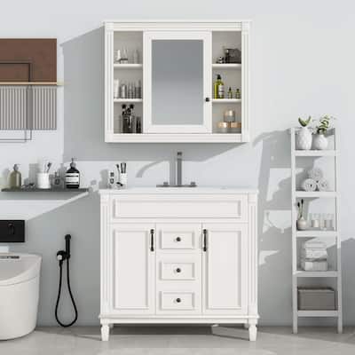 36'' Modern White Bathroom Vanity with Top Sink, Mirror Cabinet