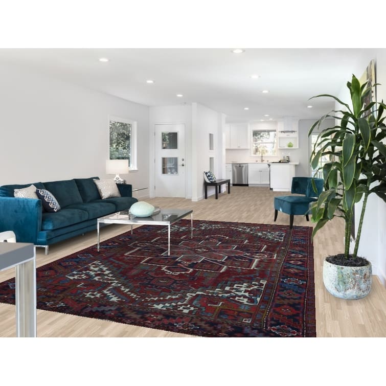 Heriz Persian Vintage Area Rug Hand-Knotted Red Wool Carpet - 7'4" x 10'9"