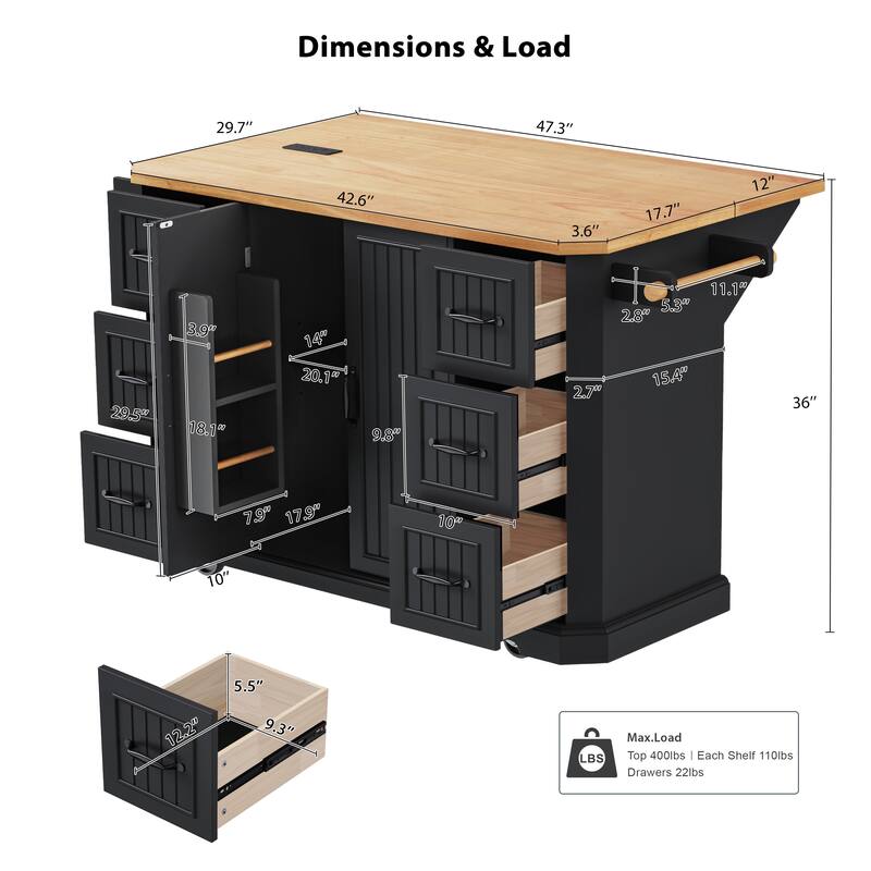 56" Kitchen Island with Drop Leaf & Power Outlet, Rolling Storage Cart with Rubber Wood Veneer Top, 6 Drawers & 4 Door Shelves