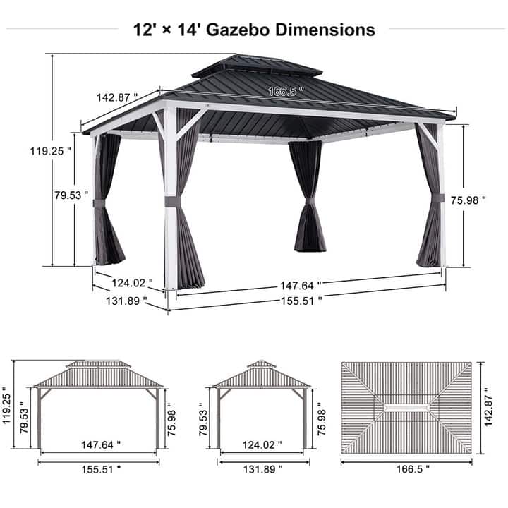 PURPLE LEAF Patio Hardtop Gazebo for Outdoor Grey Galvanized Steel Double Roof White Aluminum Poles