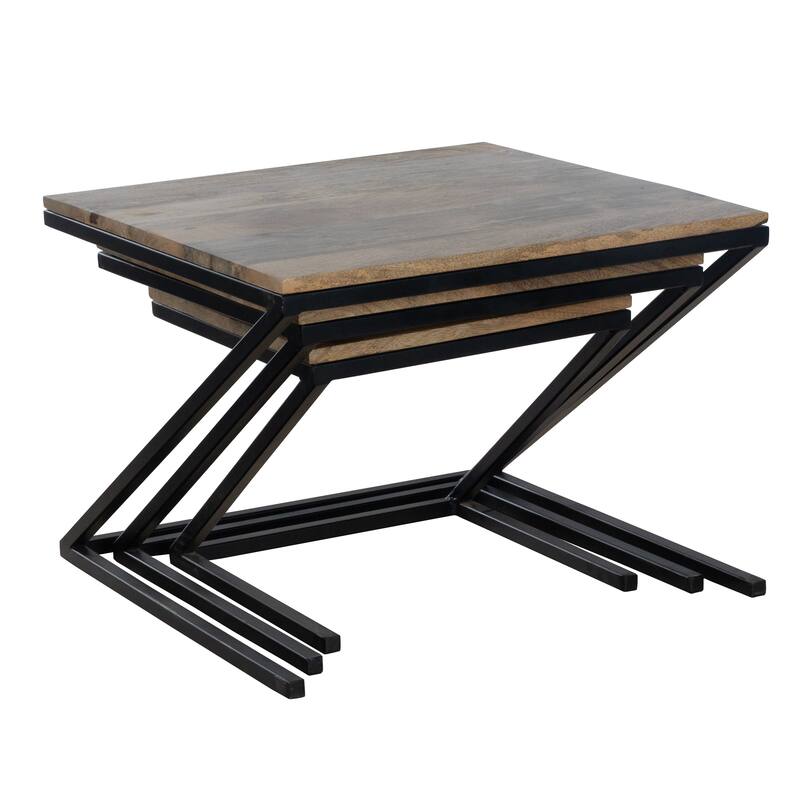 Mango Wood Nesting Tables Set of 3 with Black Metal Z Frame Base
