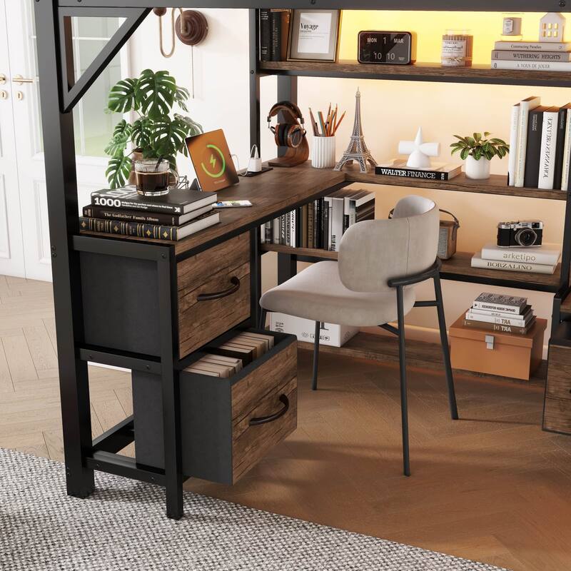 Metal LED Loft Bed Frame with Wardrobe, Drawers, Desk and Shelves