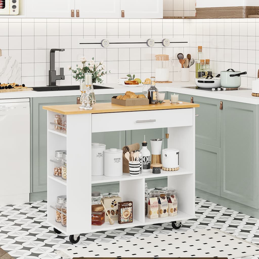 Kitchen Island with Towel Rack – Mobile Cart with Rubber Wood Top, Easy-Glide Storage