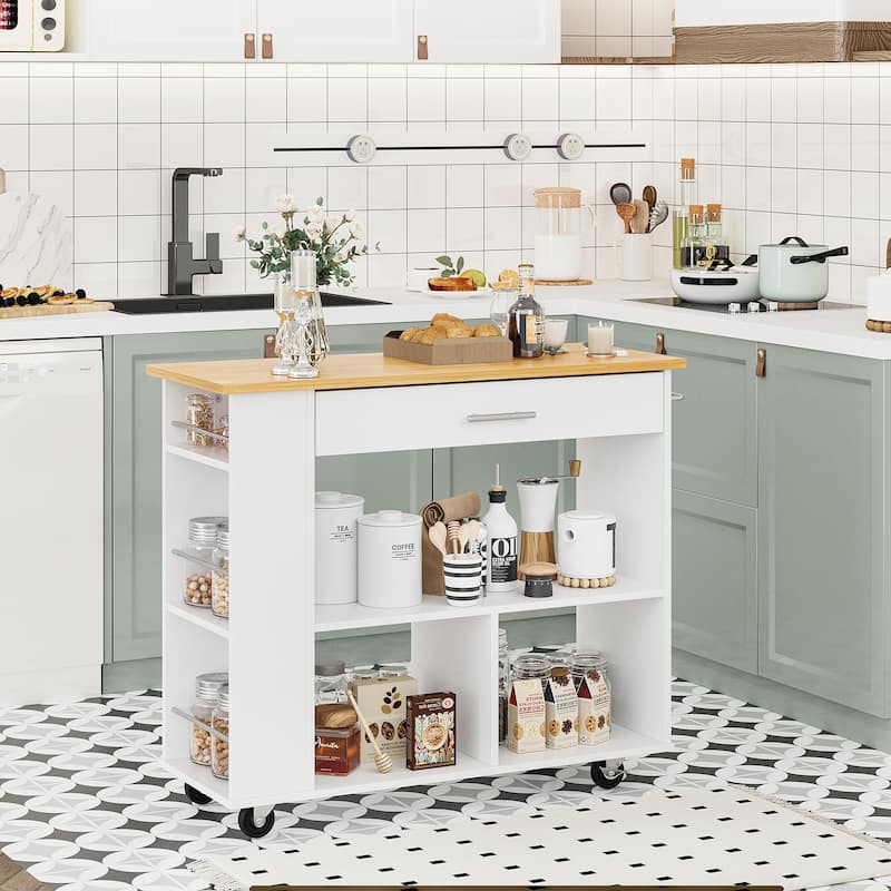 Kitchen Island with Towel Rack – Mobile Cart with Rubber Wood Top, Easy-Glide Storage - White
