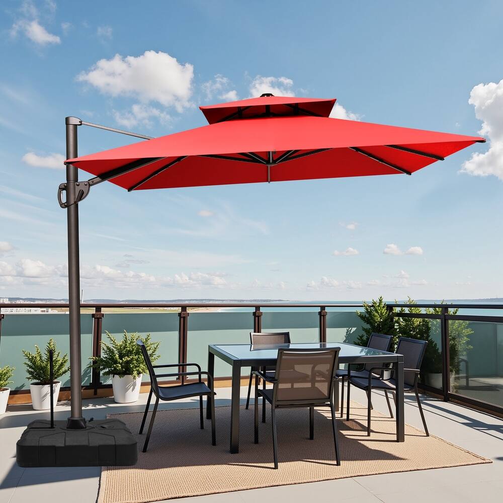 9 x 12 ft Double Top Patio Cantilever Umbrella 360-degree Rotation with Base