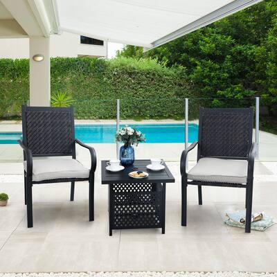 3-piece Patio Bistro Set, 2 Rattan Chairs with Cushions and 1 Metal Table with Umbrella Hole