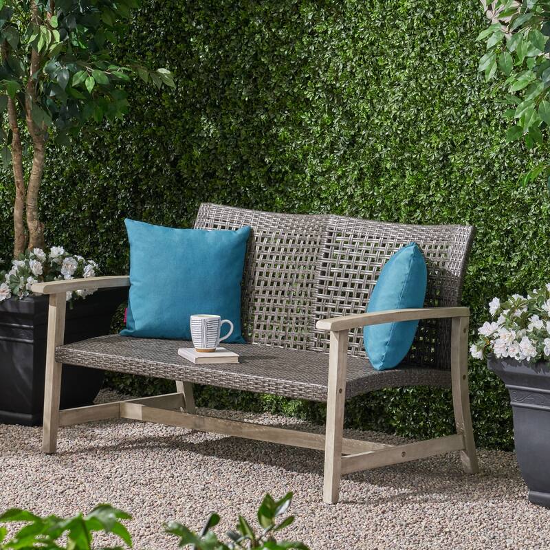 Outdoor Wicker Loveseat with Wood Frame for Patio