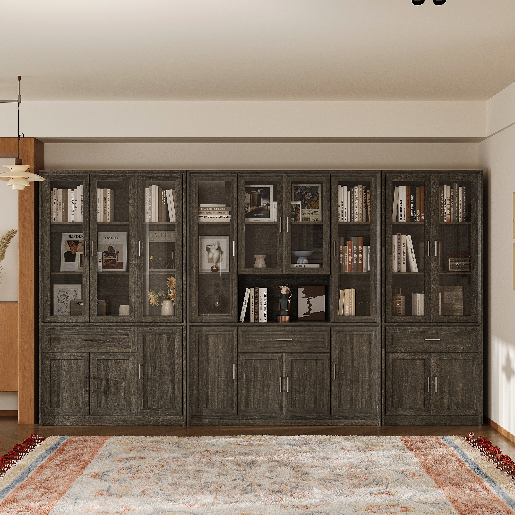 Modular Glass Door Bookcase Wall Unit with Storage Cabinets and Drawers, Dark Oak Display Hutch for Living Room or Home Office