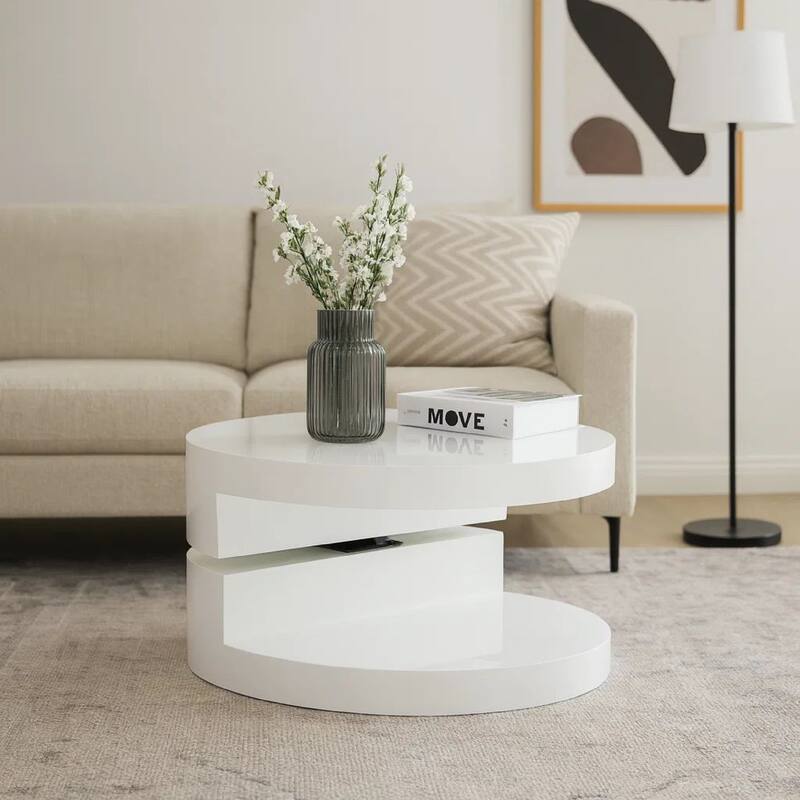 Coffee Table, Open Shelf, Rotating 24 Inch Modern Round White Top