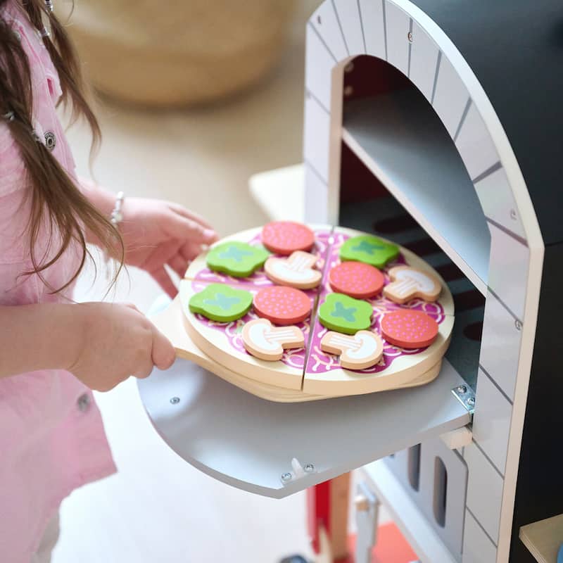 Teamson Kids My Little Helper Pizza Oven, Rolling Wooden Kids Play Kitchen & Pretend Cooking Set, 24 pcs Accessories