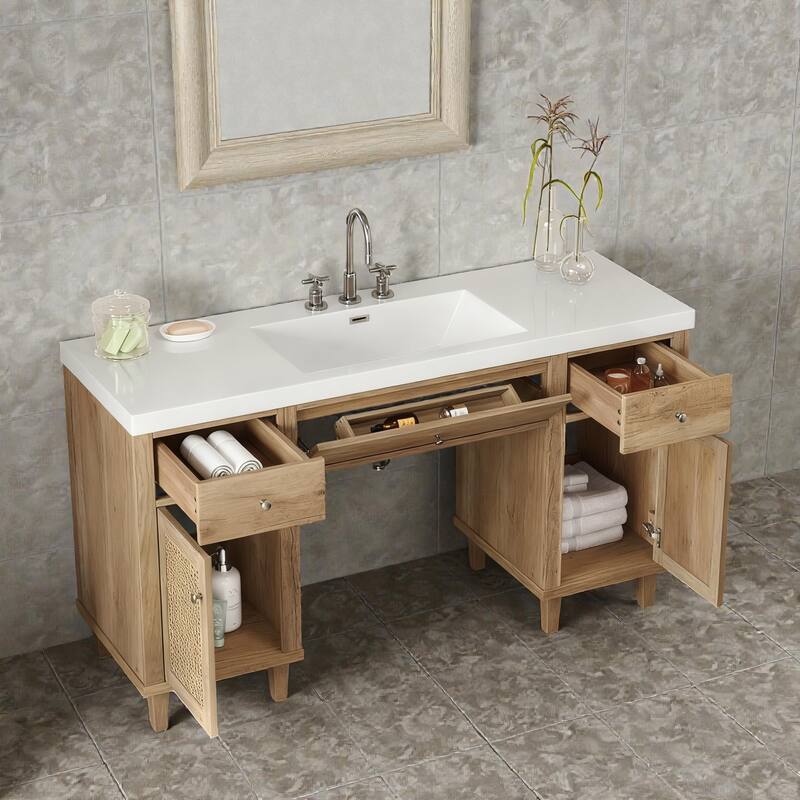 60" Bathroom Vanity with SMC Sink, Freestanding Single Sink Cabinet with Soft-Close Drawers, Tip-Out Tray & Rattan Doors