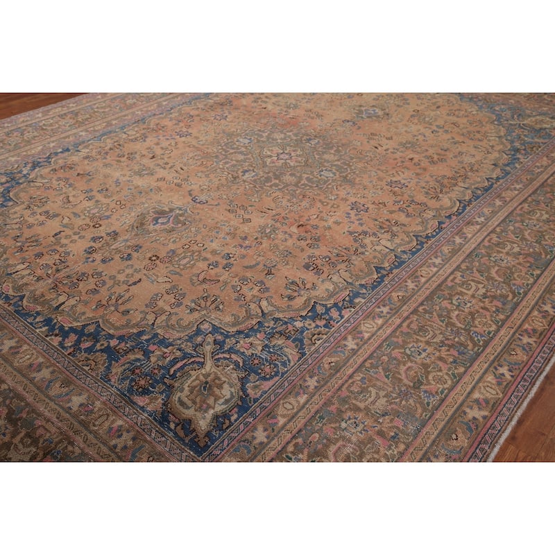 Distressed Mashad Vintage Persian Rug Handmade Wool Carpet - 9'6" x 12'11"