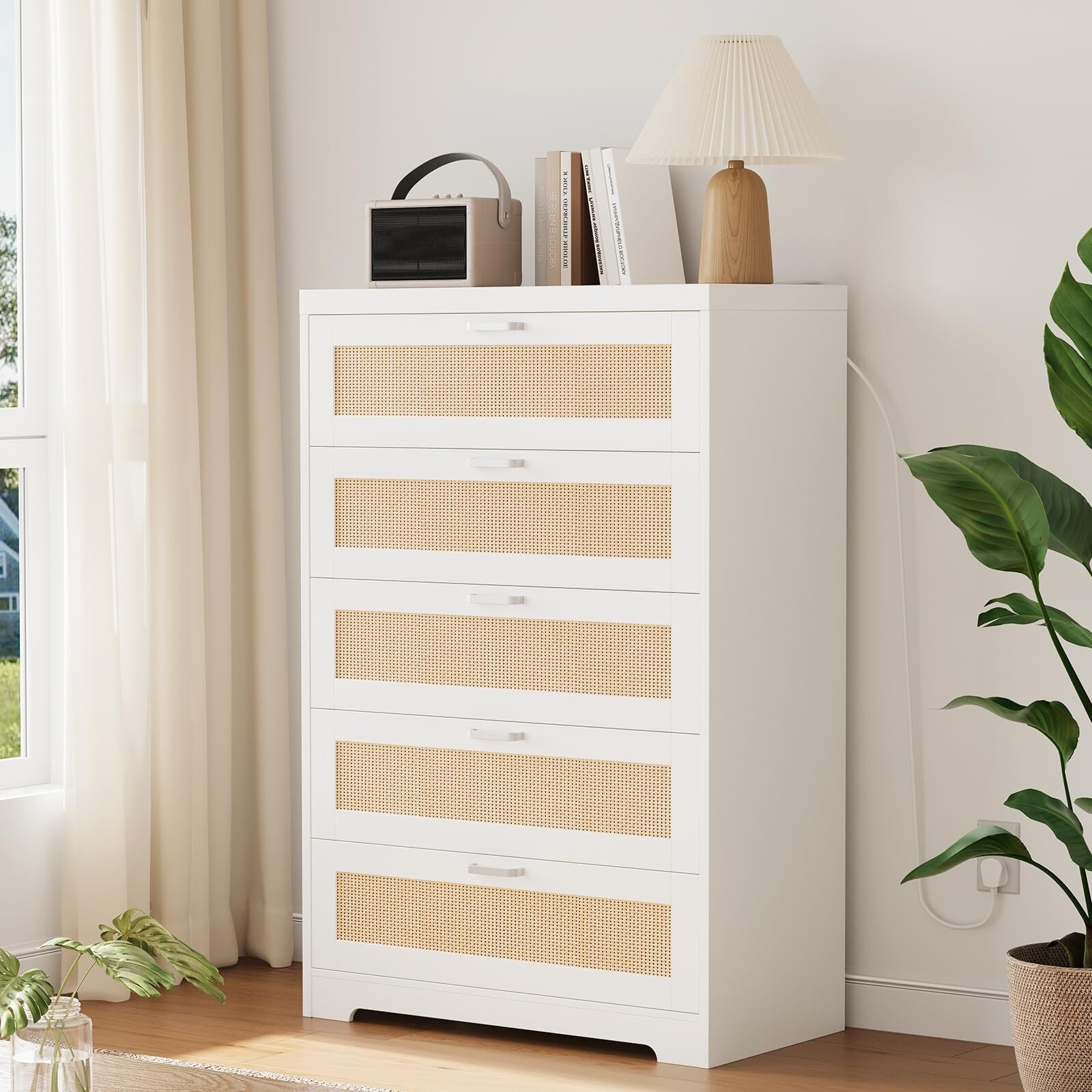 Tall Rattan Dresser with 5 Drawers,Wooden Spacious Storage Chest of Drawers with Wide Top,Handles,Easy to Assemble
