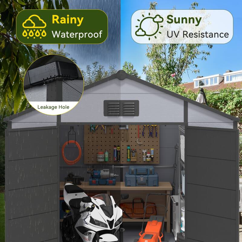 EROMMY Outdoor Storage Shed with Built-In Floor, Lockable Double Doors & Sloped Roof, Gray/Black