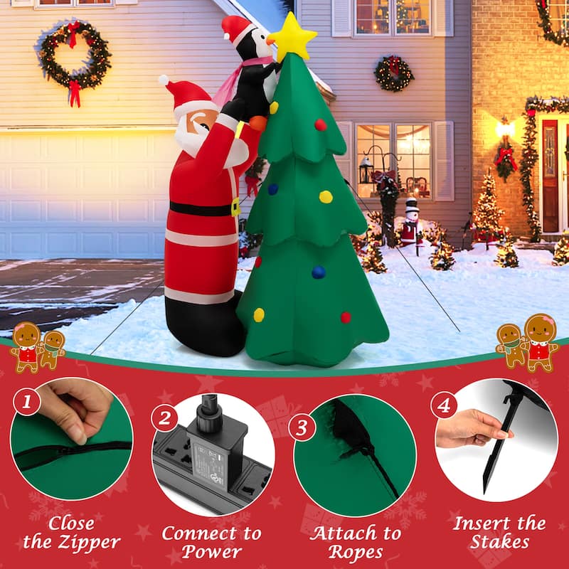 Gymax 6FT Christmas Inflatable Tree Santa Claus & Penguin Decor w/ Air - See Details