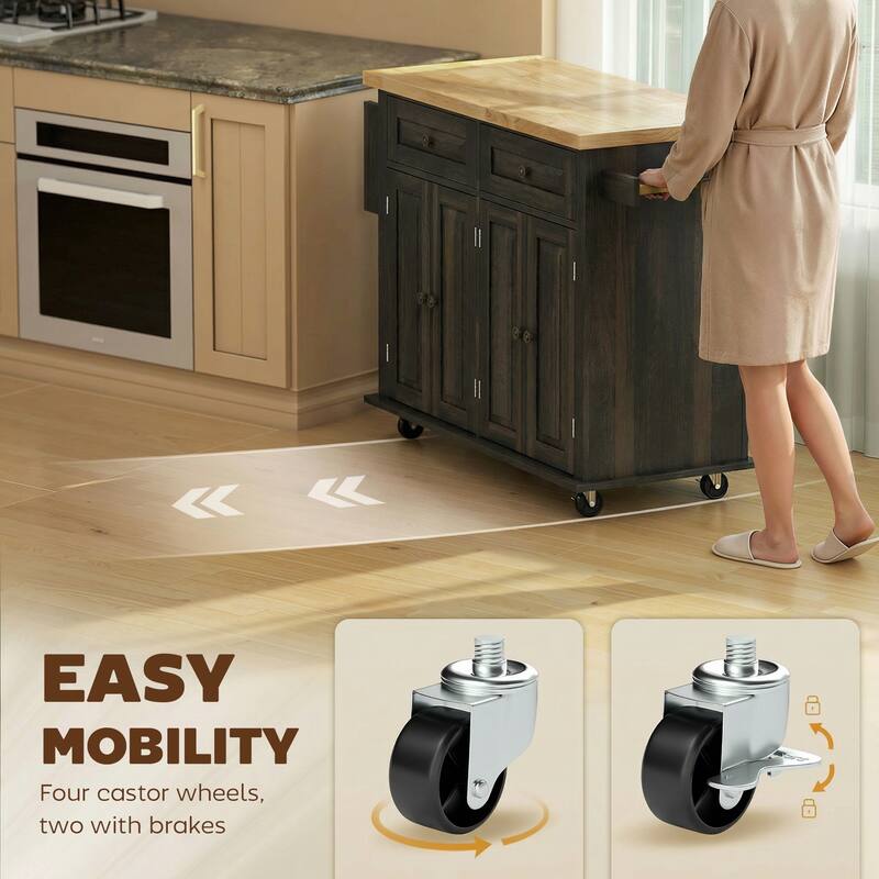 HOMCOM Kitchen Island on Wheels, Rolling Cart with Rubberwood Top, Spice Rack, Towel Rack and Drawers for Dining Room, Brown Oak