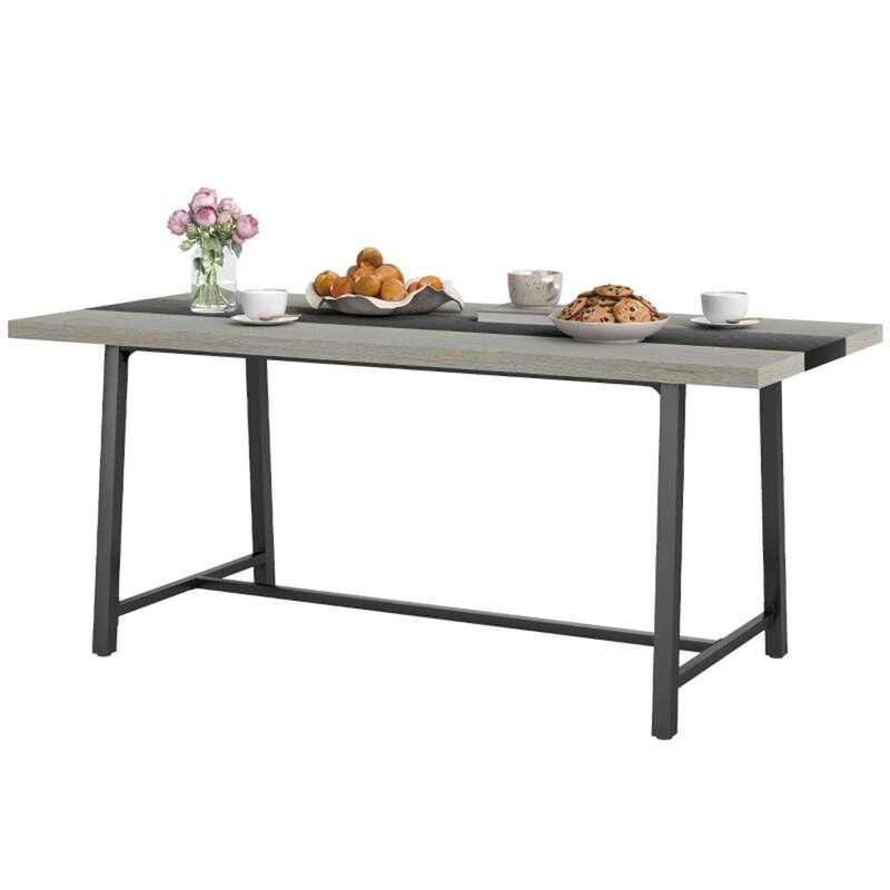 MDF Top and Steel Legs 8 Seater Dining Table Melamine finish - 70.9" W x 33.5" D x 29.5" H - Distressed Grey-Black