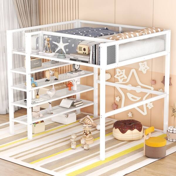 slide 2 of 9, Creative Structure Full Size Metal Loft Bed Kids Bed with 4-Tier Shelves and Storage, White White