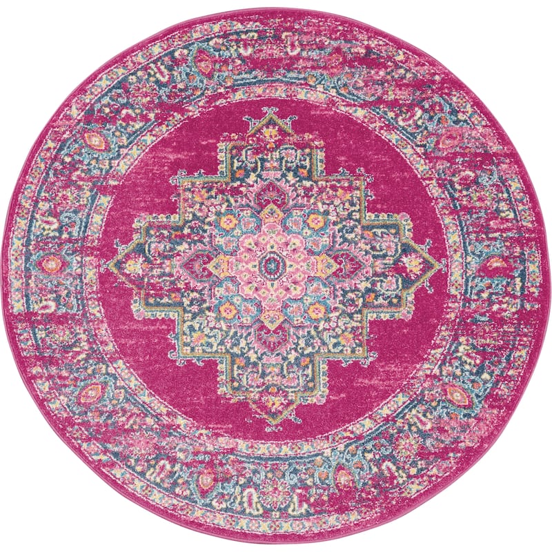 Porch & Den Dobbin Vintage Persian Medallion Farmhouse Area Rug - 5'3" Round - Fuchsia