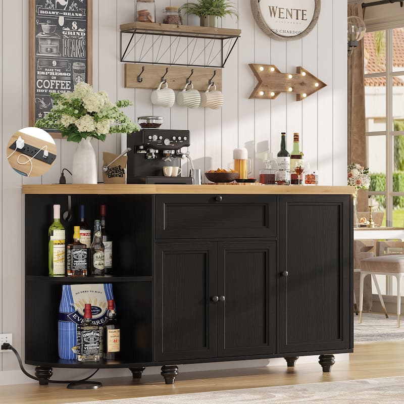 55'' Farmhouse Buffet Cabinet with Charging Station, Coffee Sideboard for Kicthen and Bar - Black&Wood