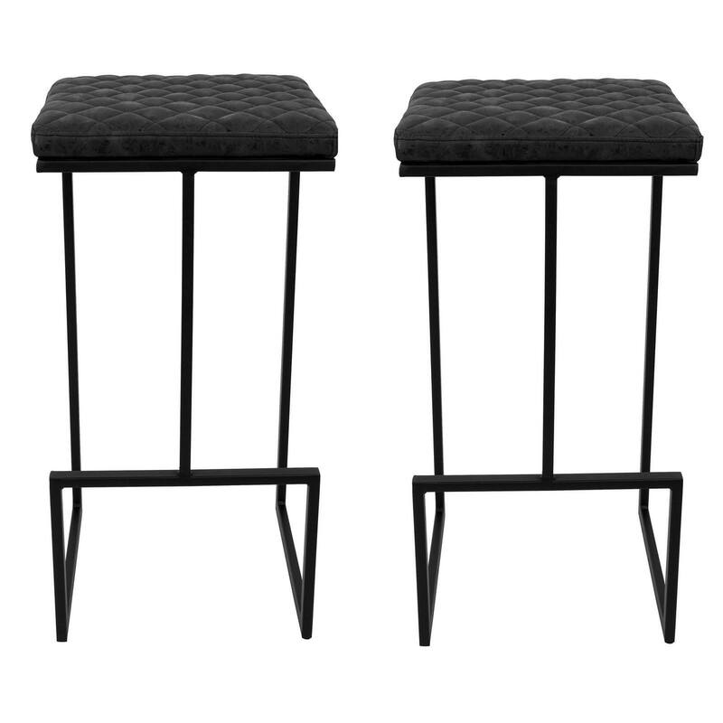 Quincy Leather Quilted Counter Height Barstool (Set of 2) with Upholstered Square Seats & Footrest for Home Bar & Kitchen - Charcoal Black