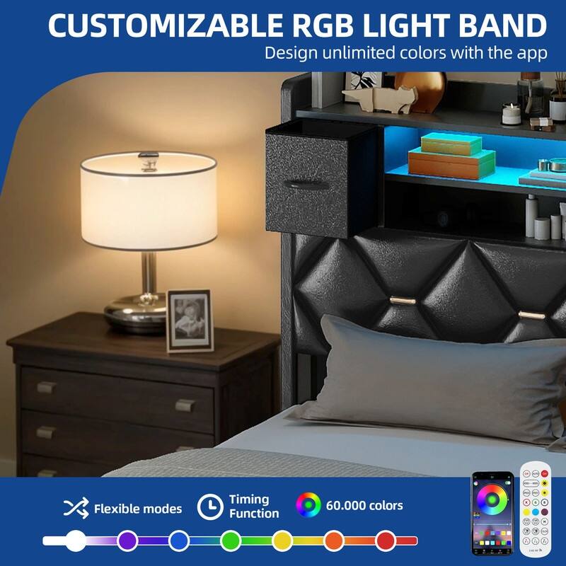 Moasis Upholstered Bed Frame with Storage Headboard And Charging Station and LED Light
