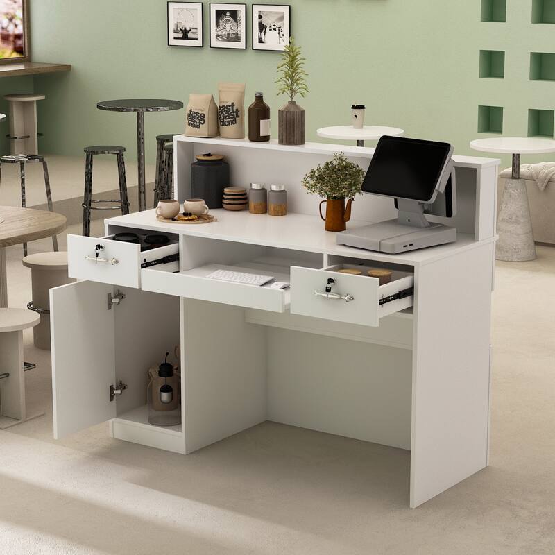Timechee Reception Desk Executive Desk with Decor Light, White