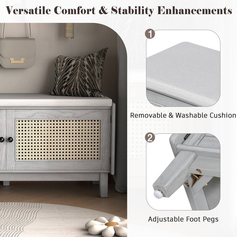 Roomfitters Entryway Storage Bench, Boho Rattan Cabinet, Hallway Organizer Seat with Cushion