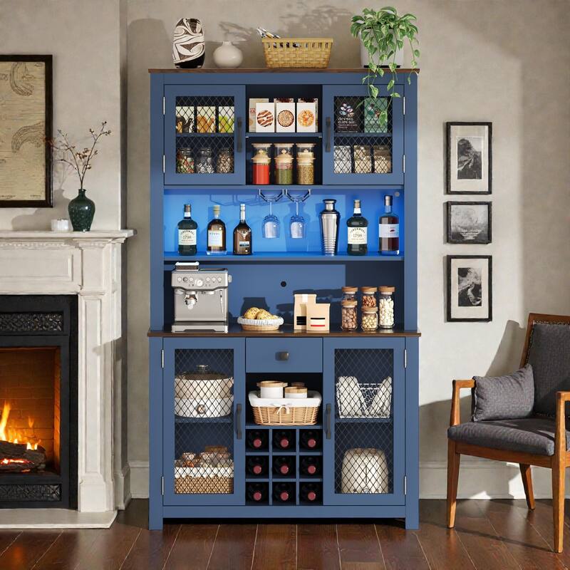 Rustic 70.9" Kitchen Hutch Pantry with LED Lights, AC/USB Outlets, Wine Bottle Rack, Glass Storage and Adjustable Shelves - Navy Blue