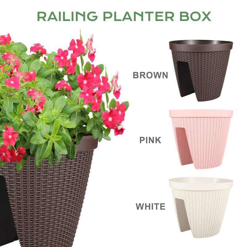Aoodor 12'' Balcony Rattan Pattern Railing Planter Box with Drainage Holes and Adjustable Brackets-Set of 4 - 12''×11''