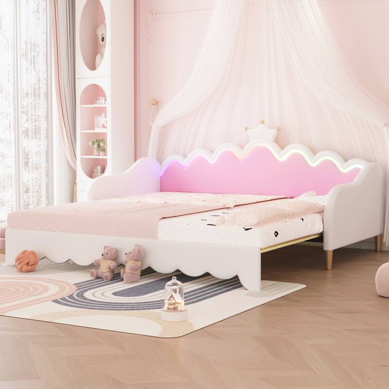Twin Extending Daybed with LED Lights, Modern Upholstered Princess Daybed With Crown Headboard - White
