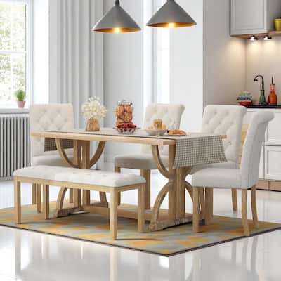 6-Piece Retro Rectangular Dining Table Set with Unique Legs, 4 Upholstered Chairs & 1 Bench for Dining Room and Kitchen