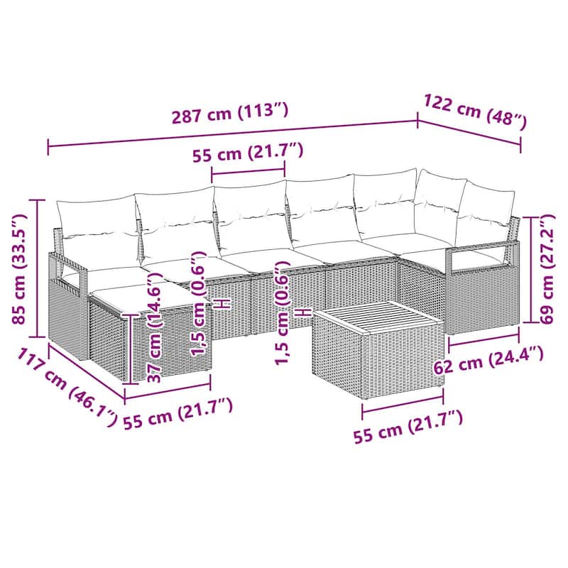 vidaXL 8 Garden Sofa Set with Cushions Black/Grey Poly Rattan - 113 x 48 x 27.2