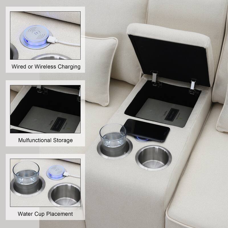 Linen Straight Row Sectional Sofa w4 Pillows, Console, Wired or Wirelessly Charged, Side Pockets, 2 Cupholders and 2 USB Ports