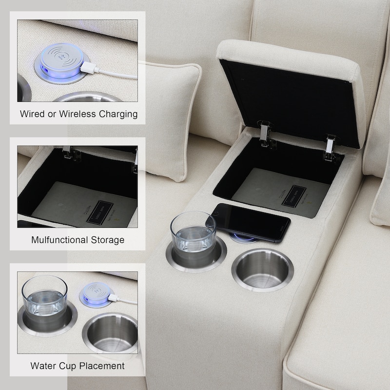 Modern 4-Seat Sofa with Console, Wireless Charging, 2 Cupholders, and 4 Pillows, Upholstered in Linen Fabric