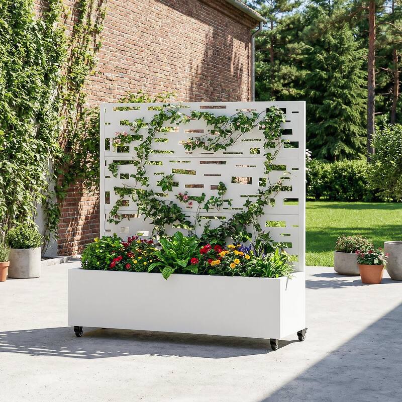 Raised Garden Bed Planter with Trellis Movable Planter Box with Lockable Wheels - 47*47 - White