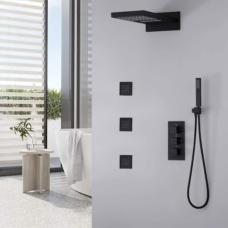 High-pressure Square Thermostatic Rainfall Shower System with HandheldShower & 3 Massaging Jets - Matte Black