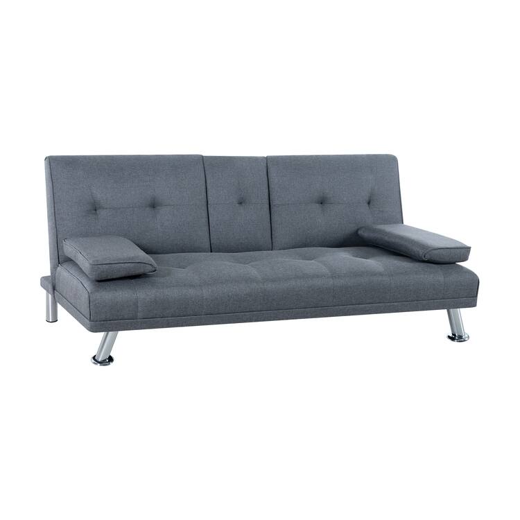Futon Sofa Bed Couch with Armrest & Cupholders, Faux Leather Sofa Bed Couch Convertible Folding Reclining Small Couch