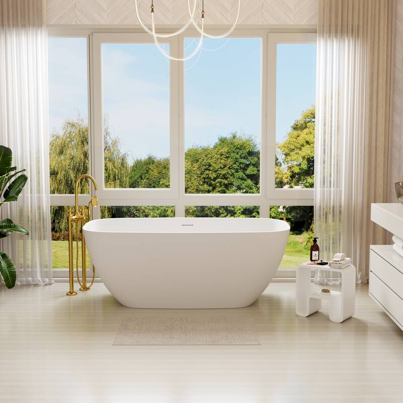 59 in. Freestanding Solid Surface Soaking Bathtub in Matte White, Modern Oval Design with Center Drain